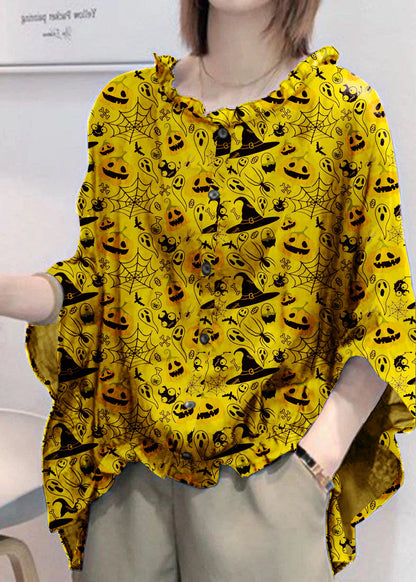 Art Checkered Pumpkin Tops Ruffles Trim Half Sleeve Shirts Blouse