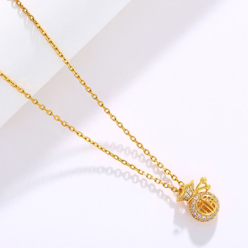 24k Gold Plated Fu Character Fortune Money Bag Necklace
