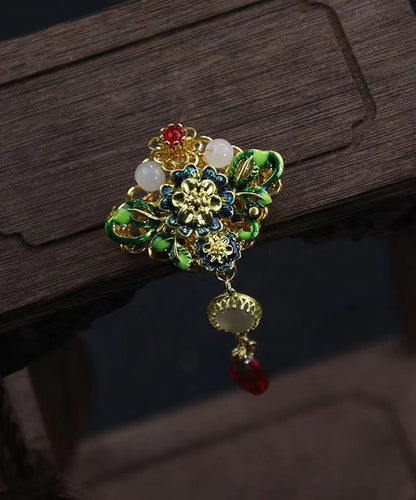 Green Alloy Cloisonne Gem Stone Brooches