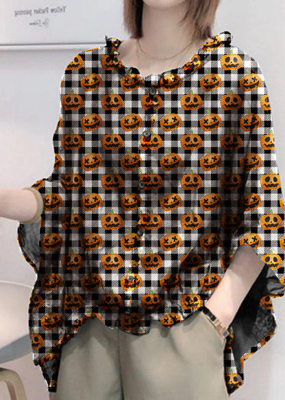 Art Checkered Pumpkin Tops Ruffles Trim Half Sleeve Shirts Blouse