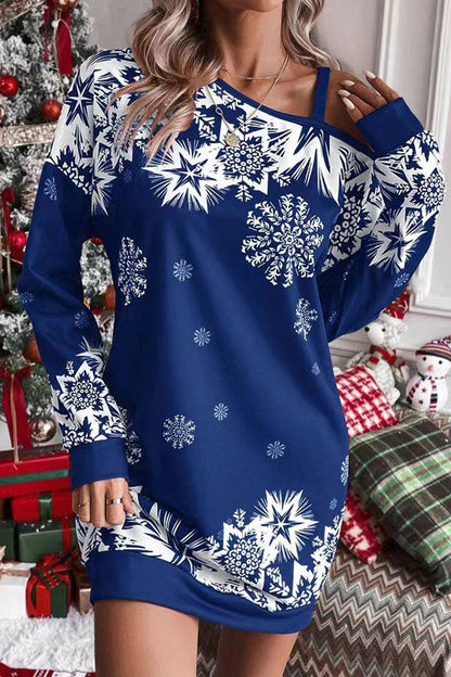 Christmas Snowflake Cold-Shoulder Loose Sweatshirt Mini Dress