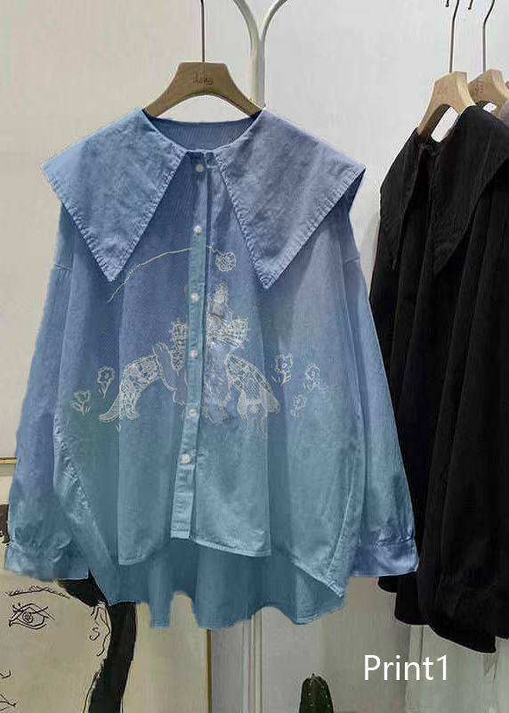 Print4 Peter Pan Collar Button Asymmetrical Design Fall Long Sleeve Top