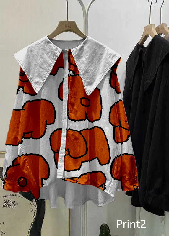 Bohemian Print5 Peter Pan Collar Button asymmetrical design Fall Long sleeve Top