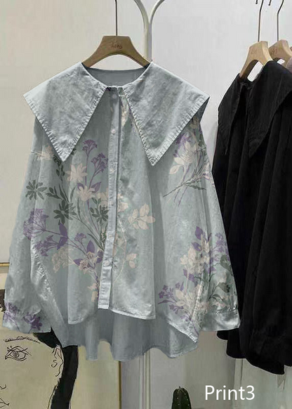 Bohemian Print1 Peter Pan Collar Button asymmetrical design Fall Long sleeve Top