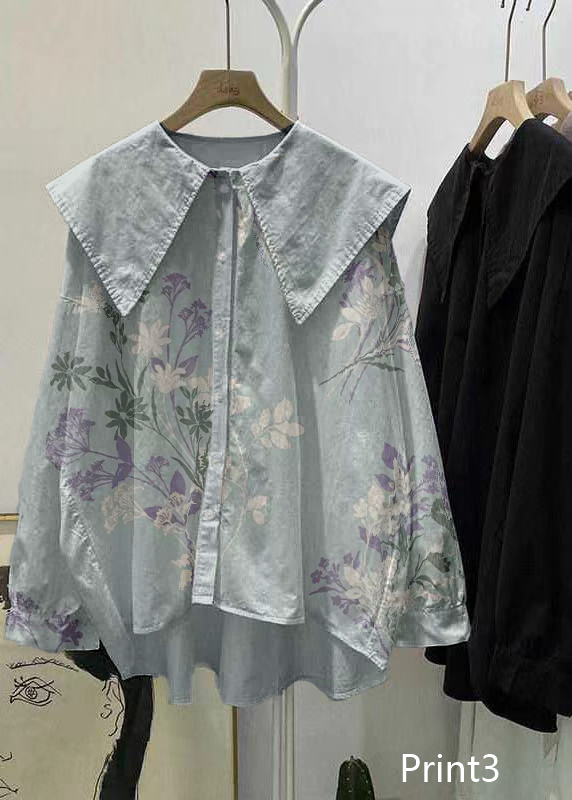 Bohemian Print2 Peter Pan Collar Button asymmetrical design Fall Long sleeve Top