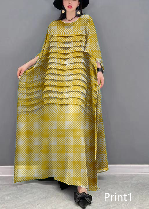 Grace Print4 O-neck Striped Chiffon Ankle Dress Batwing Sleeve