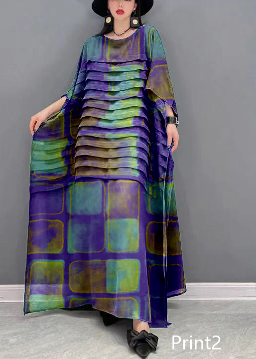 Grace Print1 O-neck Striped Chiffon Ankle Dress Batwing Sleeve