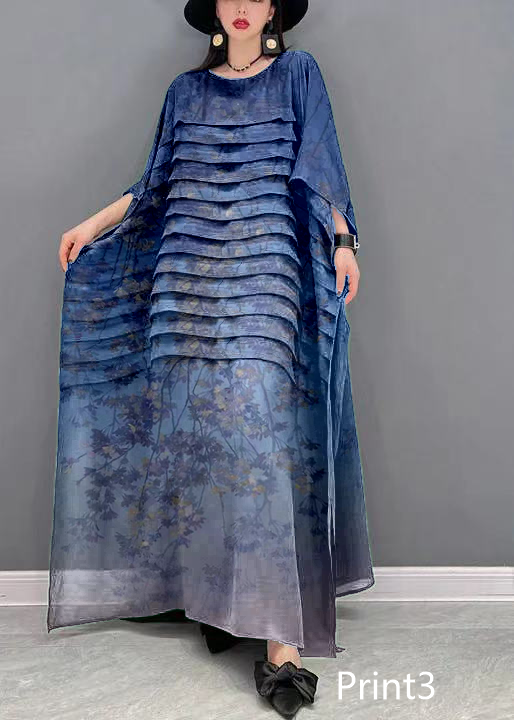 Grace Print5 O-neck Striped Chiffon Ankle Dress Batwing Sleeve