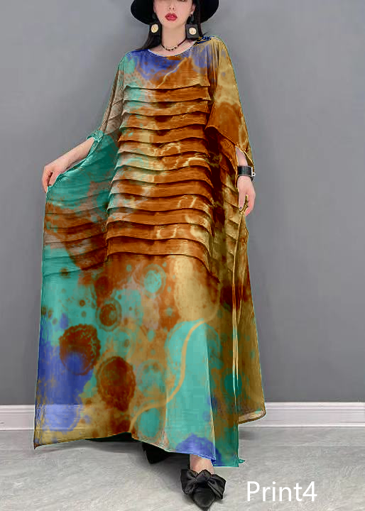 Grace Print1 O-neck Striped Chiffon Ankle Dress Batwing Sleeve