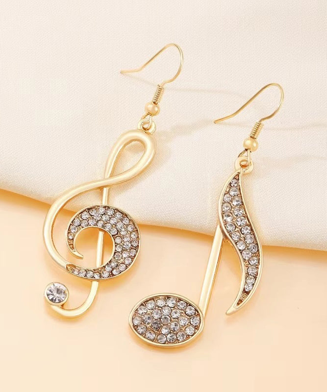 Gold Copper Overgild Zircon Asymmetrical Musical Note Drop Earrings