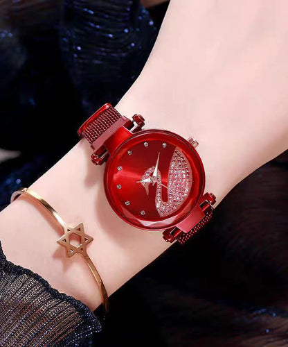 Stylish Black Leather Zircon Swan Starry Sky Watches