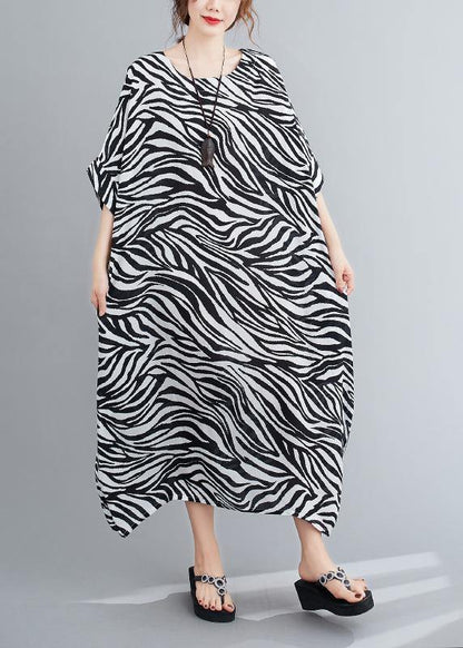 Handmade Black Striped Dress Pattern O Neck Batwing Sleeve Dress
