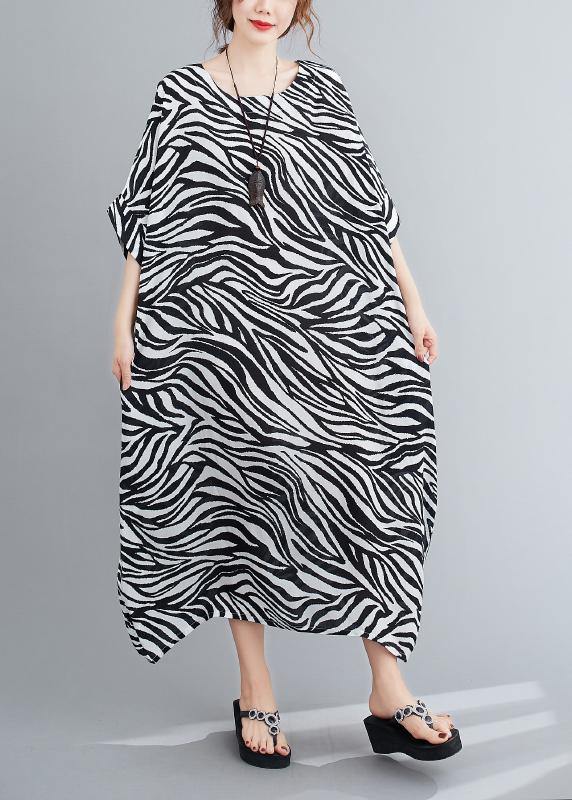 Handmade Black Striped Dress Pattern O Neck Batwing Sleeve Dress