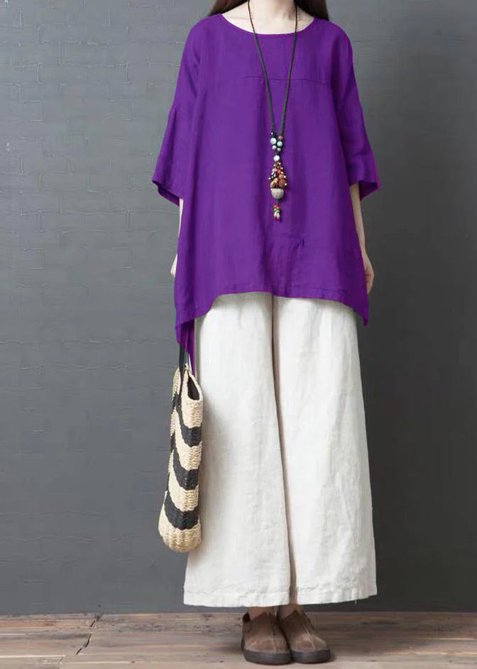 Handmade Purple Linen Cotton Low High Design Shirt Top