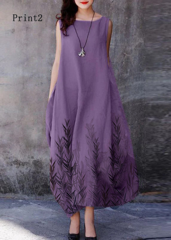 Purple O-neck Exra Large Hem Cotton Dresses Sleeveless