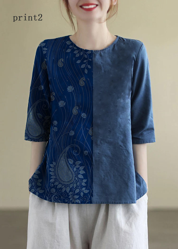 French Print2 O-neck Embroideried Cotton Blouses Half Sleeve