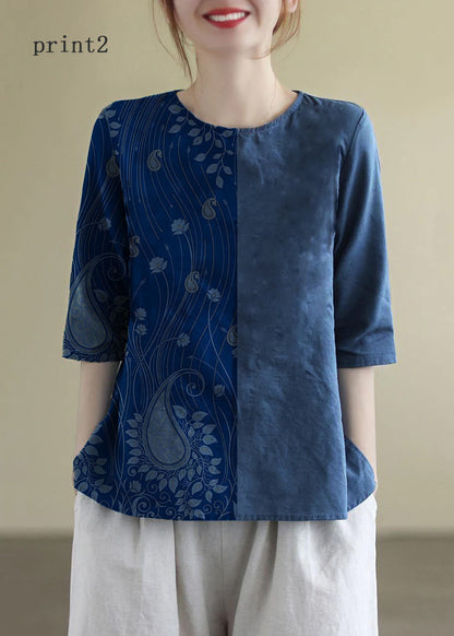 French Print2 O-neck Embroideried Cotton Blouses Half Sleeve