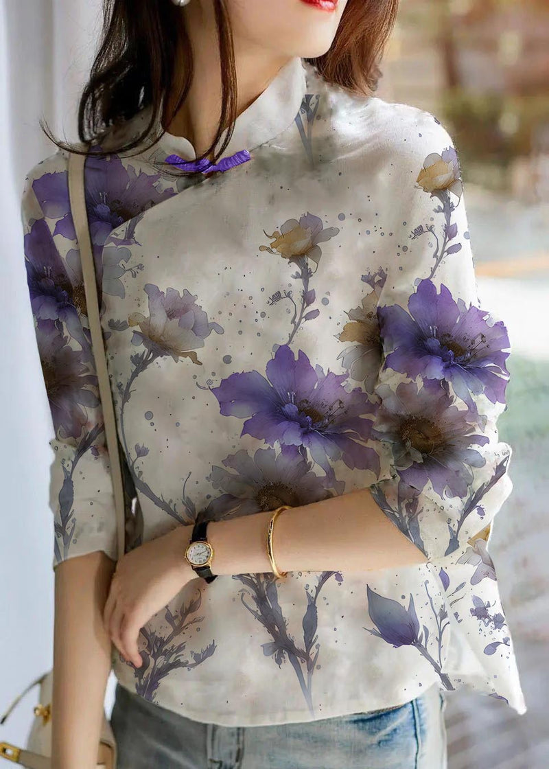 Unique Purple Flower Print Linen Blouses Spring