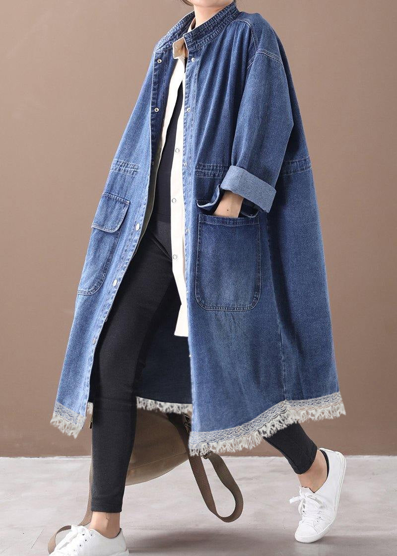 French Denim Blue-snowflake Box Coat Shape Stand Collar Drawstring Coat