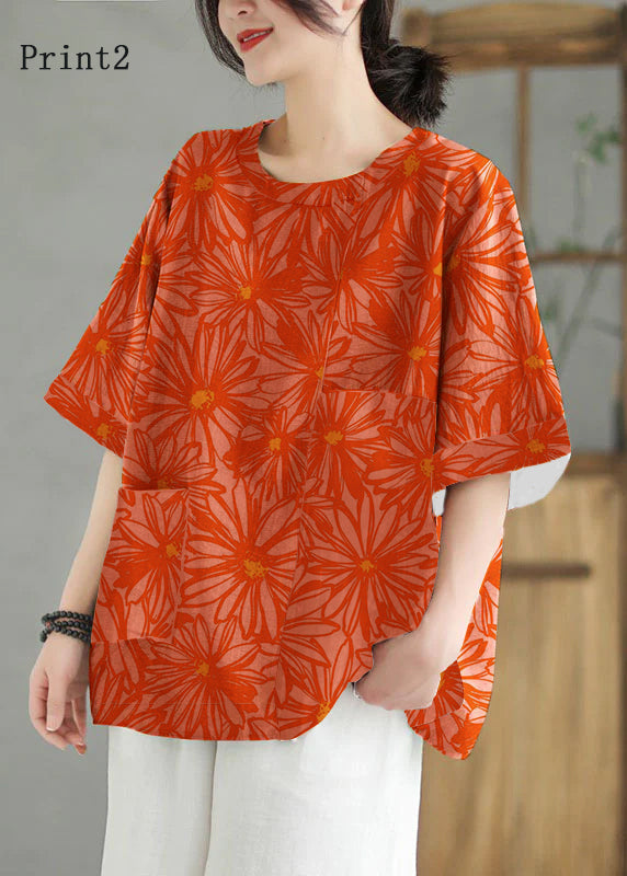 Orange O Neck Print Patchwork Linen T Shirt Top Summer