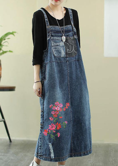 Vivid Denim Blue-white Flowers Tunic Dress Slash Neck Hole Maxi Dress