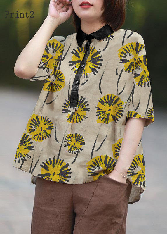 Beige-print2 Peter Pan Collar Print Summer Linen Blouses Half Sleeve