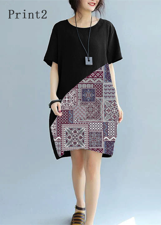 Fine Black -print3 Patchwork Linen Shift Dress Loose Fitting Cotton Clothing Dress Short Sleeve Wild Prints Knee Dresses