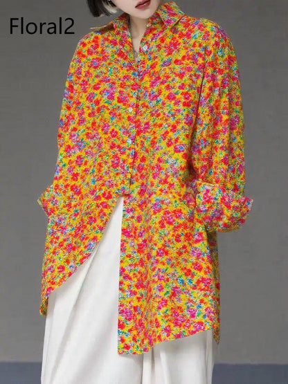 Unique Floral1 Asymmetrical Design Side Open Cotton Long Shirts Spring