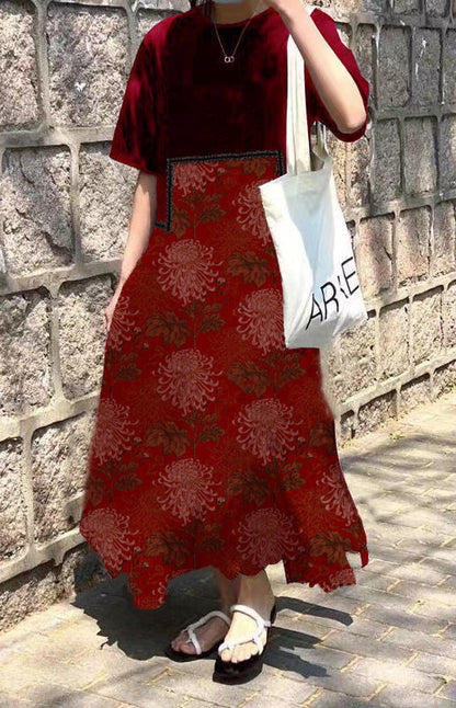 Red Print O-neck Asymmetrical Plaid Mosaic Dress