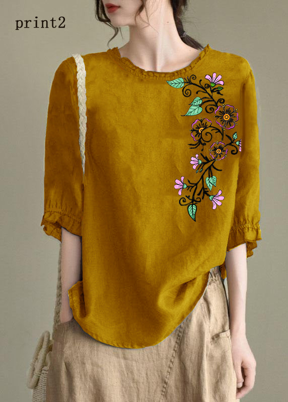 Handmade Navy Lantern Sleeve O-neck Embroideried Summer Ramie Blouses