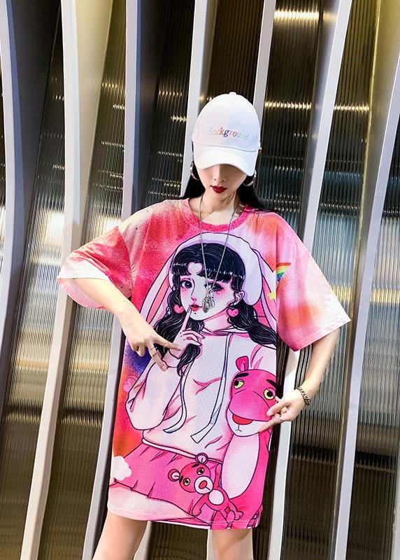Loose Pink Character Print Clothes O Neck Dresses