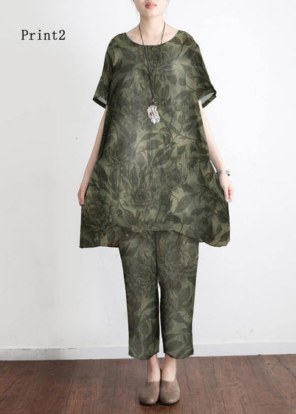 New Loose Green Print2 Short Sleeve Shirt Pants Linen Set