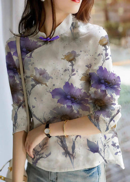 Unique Beige-flower Print Linen Blouses Spring