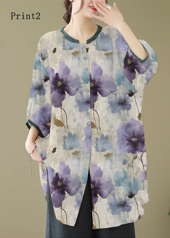 Khaki Print Linen Shirt Dresses O-neck Oversized Lantern Sleeve