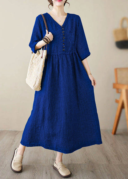 Dark Blue V Neck Plaid Patchwork Button Linen Maxi Dresses Summer