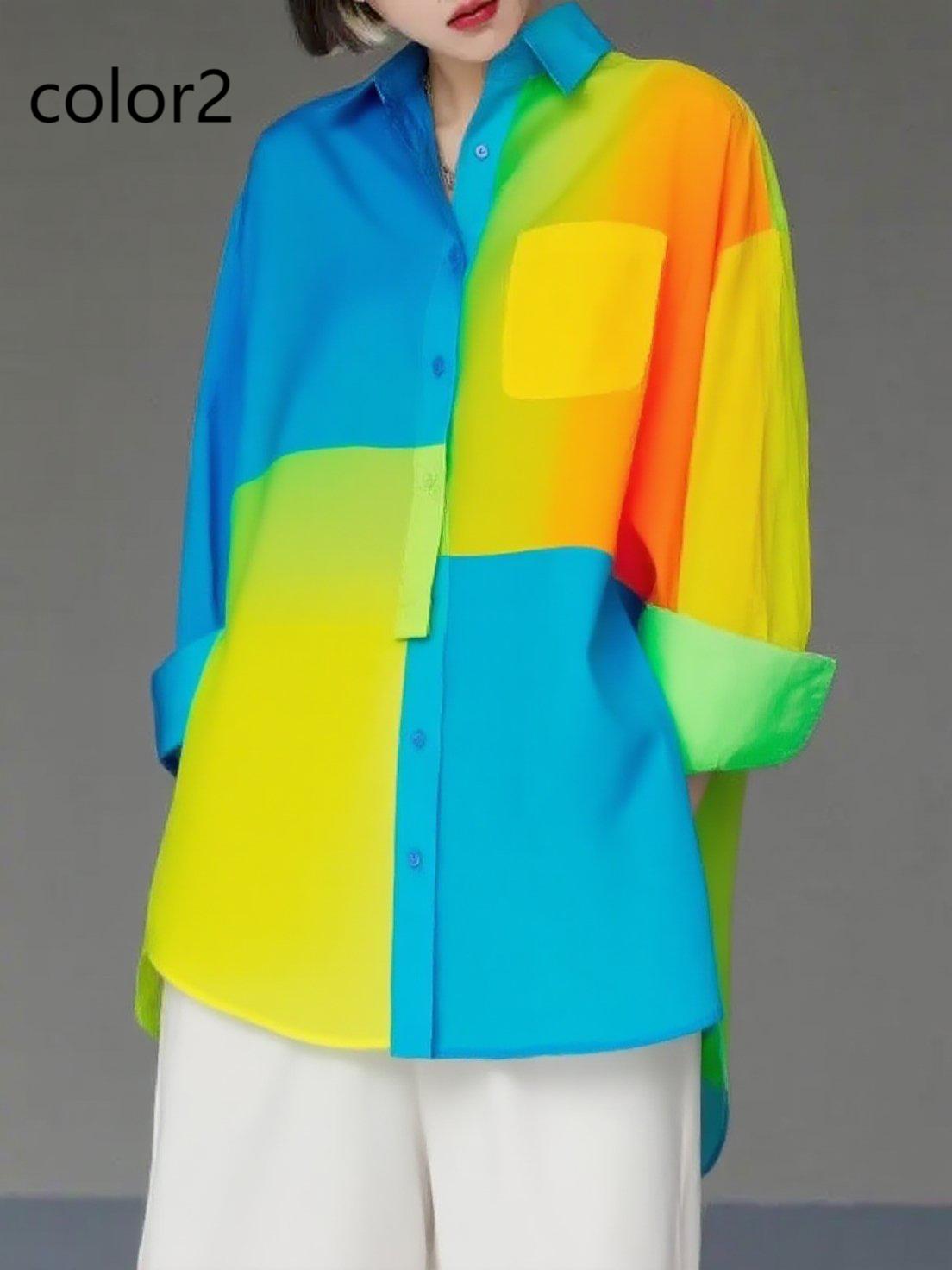 Unique Gradient Color5 Asymmetrical Design Side Open Cotton Long Shirts Spring