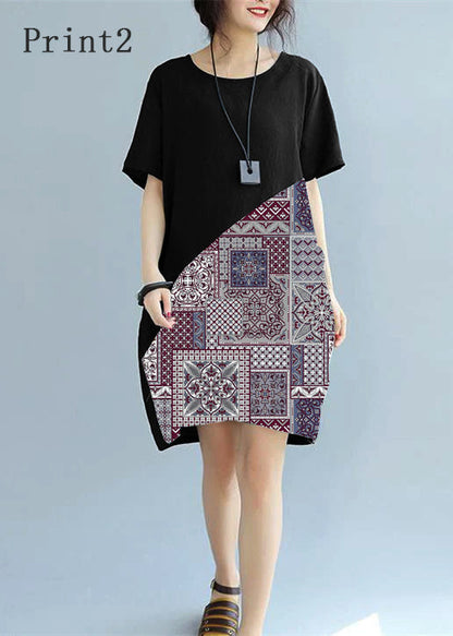 Fine Black Patchwork Linen Shift Dress Loose Fitting Cotton Clothing Dress Short Sleeve Wild Prints Knee Dresses