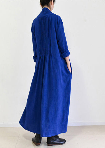 Royal Blue Linen Trench Coats Long Cotton Maxi Coats Fall Outfits
