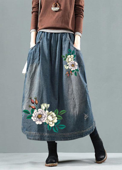 Blue-white Flower Pockets Retro Patchwork Summer Skirts Denim