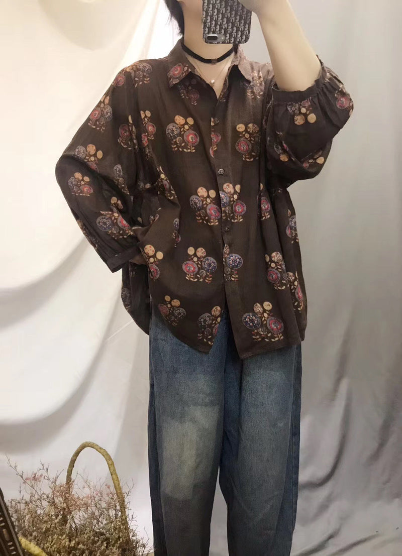 Art Gray Geometry Tunic Pattern Lapel Baggy Fall Top