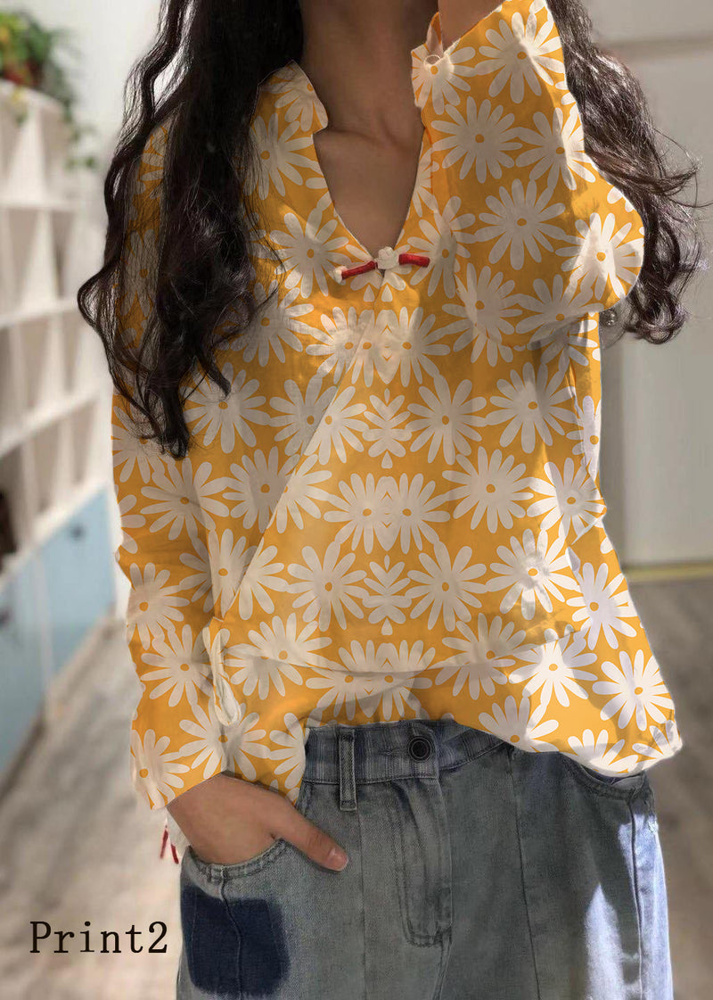 White-print1 Linen Blouse V Neck Fall Top