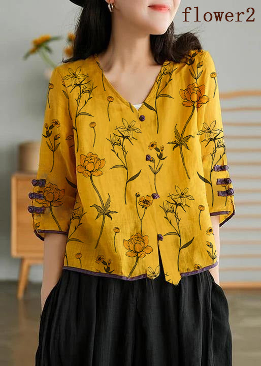 Yellow-flower1 Ramie Cardigan Embroidered Shirt