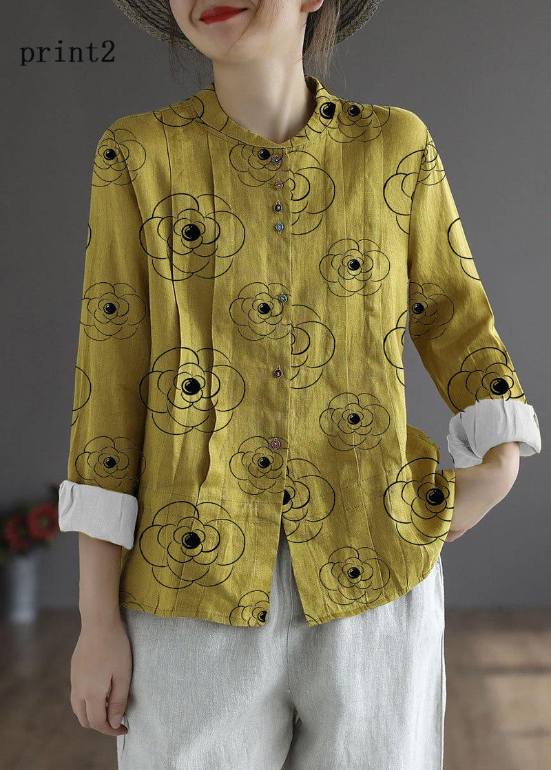 Yellow-geometric Patterns Button Fall Top Long Sleeve Linen