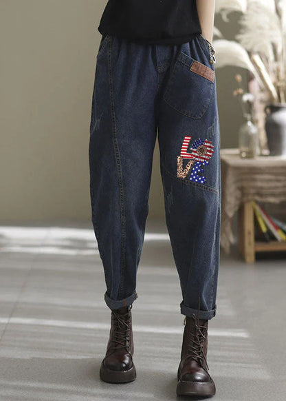 Natural Blue Elastic Waist Pockets Denim Pants Spring