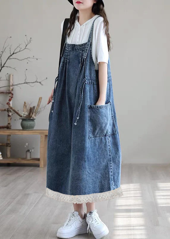 Blue-white Flower Drawstring Pocket Spaghetti Strap Cotton Denim Dress Spring
