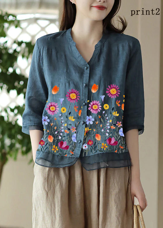 Green V Neck Embroidered Ramie Shirt Half Sleeve
