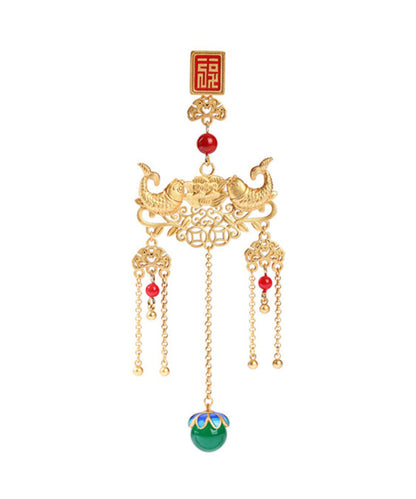 Retro Gold Ancient Gold Jade Agate Ruyi Tassel Brooches