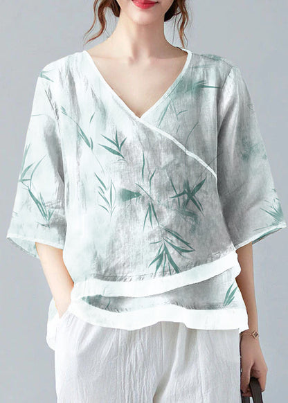 French White Flower V Neck Asymmetrical Design Shirt Spring