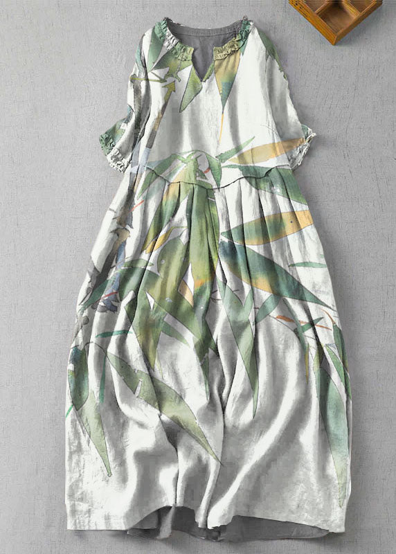 Fine White Bamboo V Neck Ruffled Patchwork Linen Dress Summer