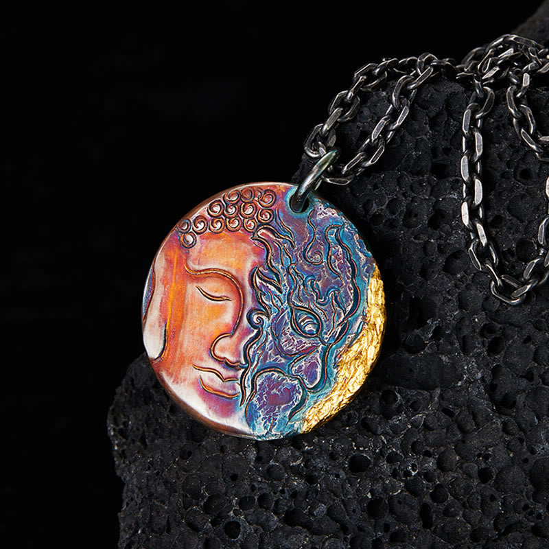 Buddha Stones 999 Sterling Silver 24k Gold Half Demon Half Buddha Compassion Necklace Pendant